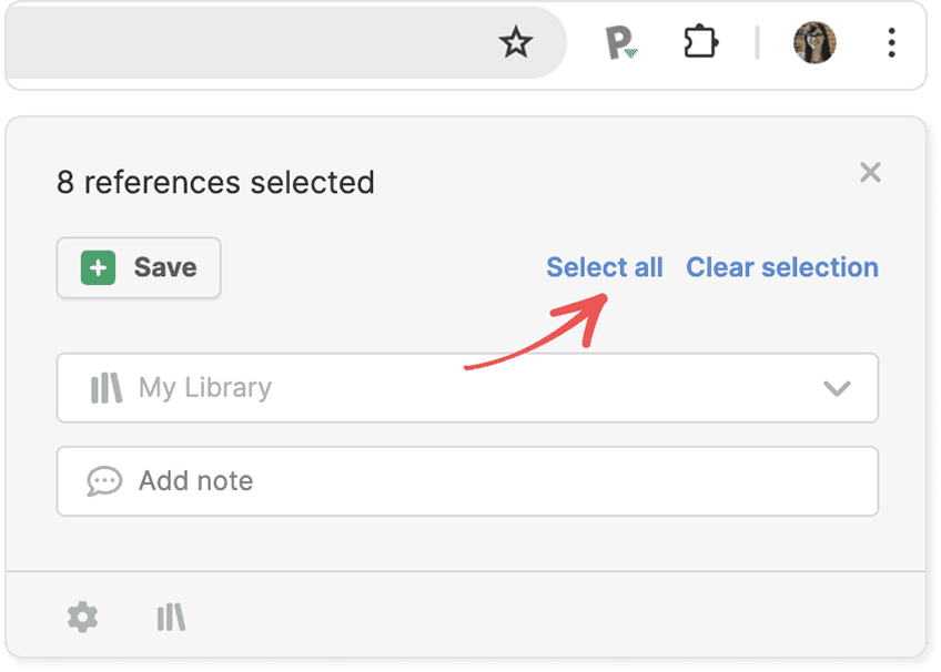 The extension popup reading “8 references selected” with a red arrow pointing to the “Select all” link beside “Clear selection”, above the library selector and note field.